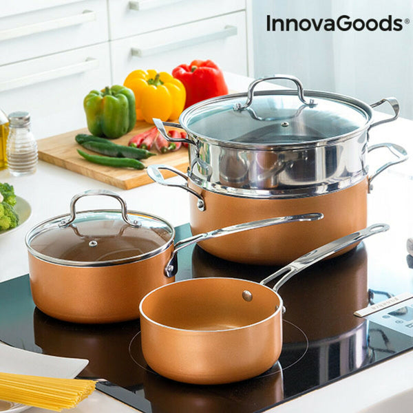 InnovaGoods Kitchen Cookware Topf- und Dampftopfset mit Kupfereffekt (6 Teile)